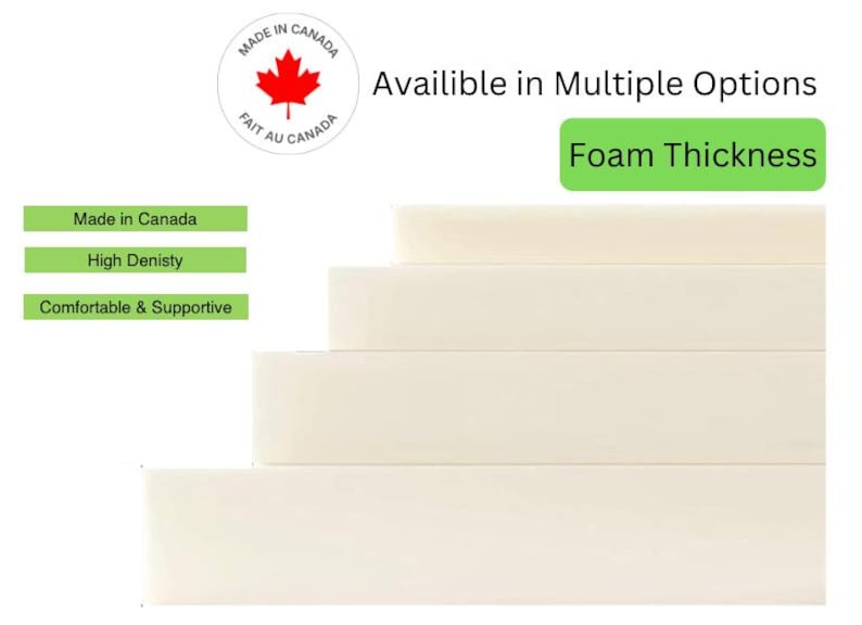May include: A stack of four white foam cushions of varying thicknesses. The cushions are labeled "Foam Thickness". The image also includes a Canadian flag logo and the text "Made in Canada".