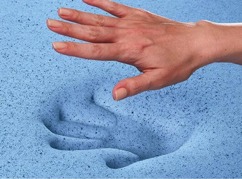 May include: A close-up of a blue memory foam mattress topper. A hand is pressing into the foam, showing how soft and comfortable it is.