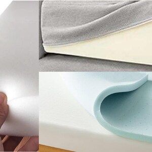 May include: Three different types of foam mattress toppers. The first is a white foam topper, the second is a white foam topper with a gray fabric cover, and the third is a light blue foam topper with a white base.