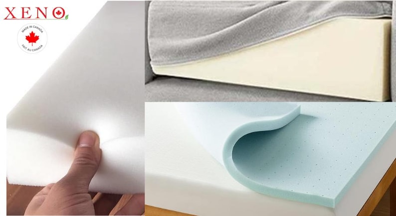 May include: Three different types of foam mattress toppers. The first is a white foam topper, the second is a white foam topper with a gray fabric cover, and the third is a light blue foam topper with a white base.