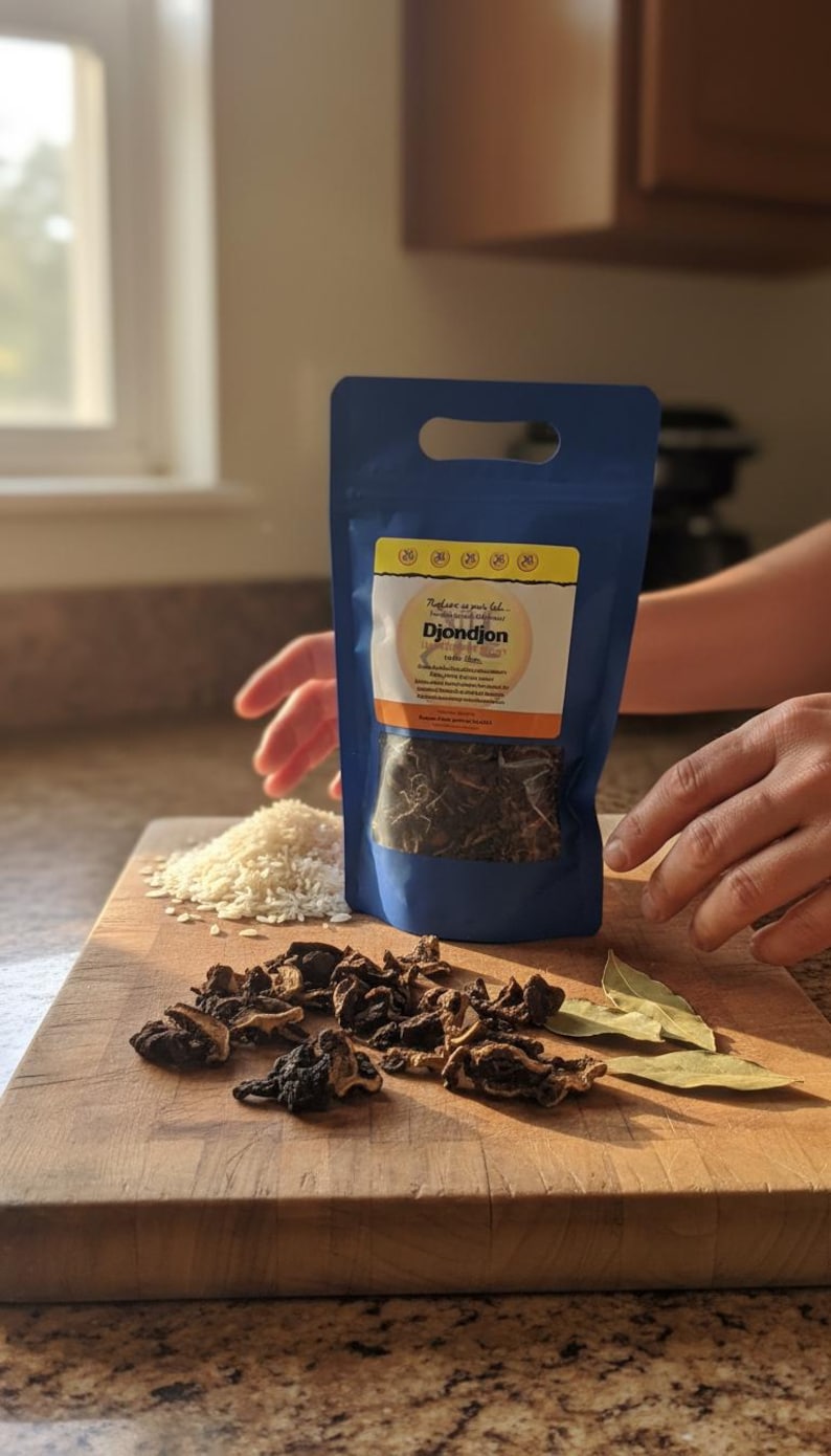 May include: A blue pouch of DjonDjon mushrooms with a clear window, alongside a pile of white rice, dried mushrooms, and bay leaves on a wooden chopping board. The pouch has a yellow and orange label with text. The scene is lit by sunlight.