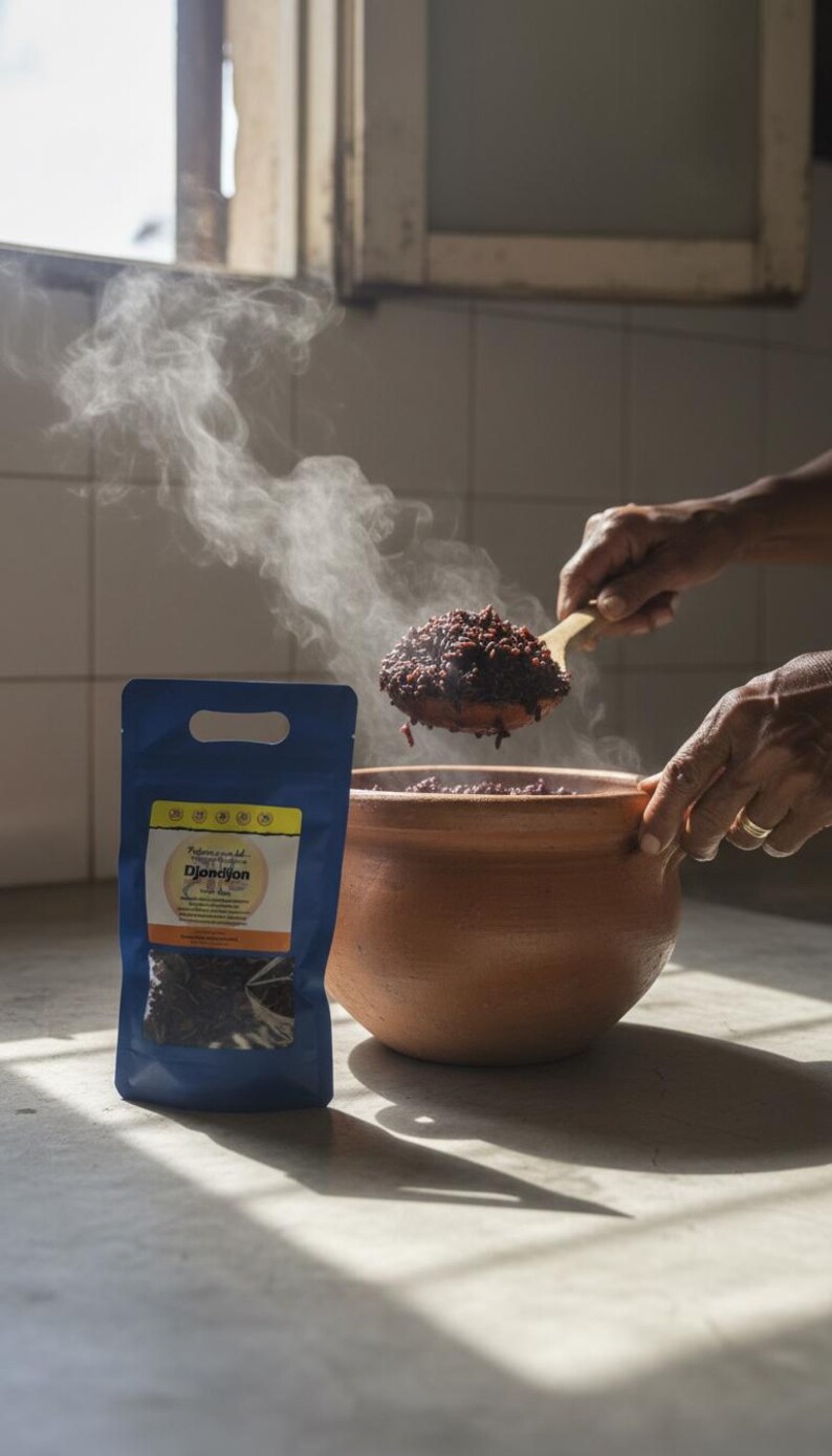 May include: A blue bag of DjonDjon, a type of mushroom, next to a clay pot filled with cooked DjonDjon. Steam rises from the pot and a wooden spoon scoops the food. The image is taken in a kitchen.