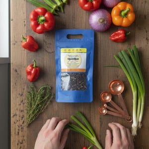 May include: A selection of fresh ingredients arranged on a wooden surface. Red bell peppers, onions, and spring onions surround a blue bag of Djondjon. Copper measuring spoons and hands are also visible.