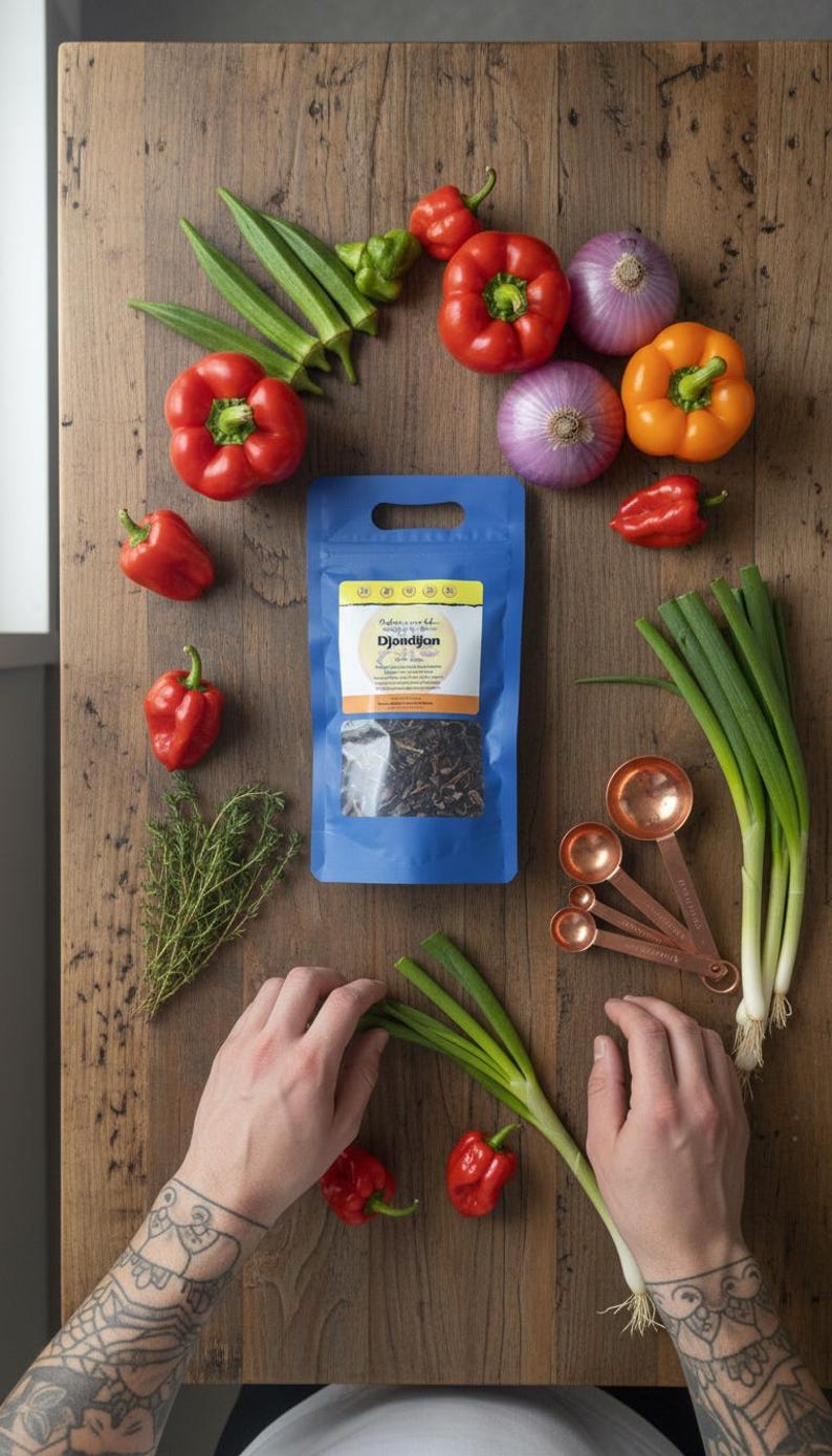 May include: A selection of fresh ingredients arranged on a wooden surface. Red bell peppers, onions, and spring onions surround a blue bag of Djondjon. Copper measuring spoons and hands are also visible.