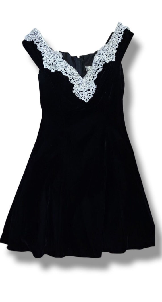 Vintage Black Velvet Lace Dress 80s 90s Pleated Zu