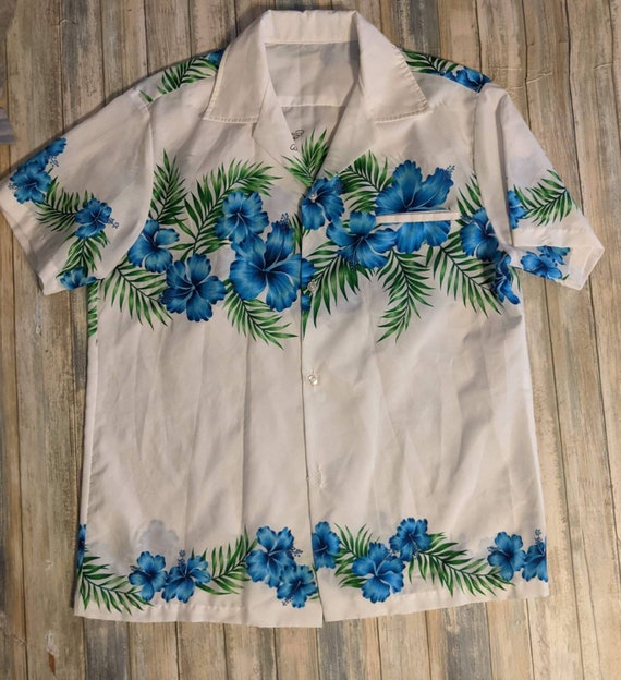 80s Hawaiian white and blue Shirt