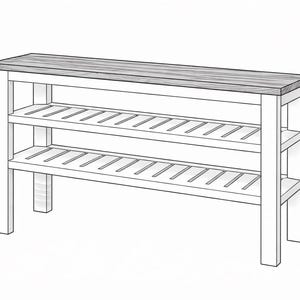 May include: A sketch of a wooden console table with two slatted shelves and a top. The table is approximately 30 inches tall. The shelves have 6-inch and 13-inch gaps.