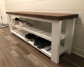 Entryway Bench w/ Shoe Storage, Shoe Shelves, rustic, painted and stained, hallway bench, farmhouse