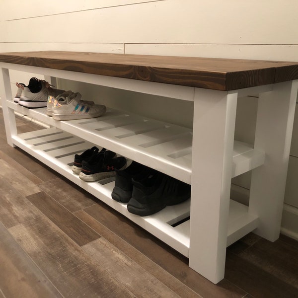 Entryway Bench w/ Shoe Storage, Shoe Shelves, rustic, painted and stained, hallway bench, farmhouse