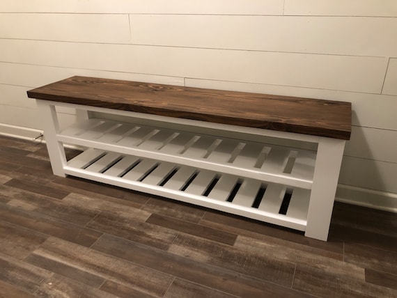 Farmhouse Bench W Shoe Storage Shoe Shelves Rustic Painted and