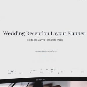 Könnte beinhalten: Ein Computerbildschirm zeigt eine Hochzeitsplanungs-Vorlage. Der Text lautet "Wedding Reception Layout Planner" und "Editable Canva Template Pack". Das Design stammt von Amazing Parties. Der Bildschirm ist ein Samsung-Modell.