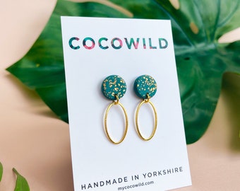 May include: Teal and gold earrings with a textured finish. The earrings are on a white card with the text "COCOWILD" and "HANDMADE IN YORKSHIRE" mycocowild.com.
