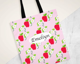 Girl's Tote Bag, Kid's Bag, Strawberry Tote Bag, Strawberry Pattern Bag, Personalized Tote Bag, Girl's Purse