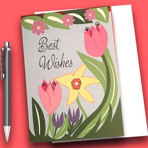 Tarjeta de felicitación de primavera, Tarjeta floral de primavera, Papelería de tulipán, Saludo de los mejores deseos, Tarjeta ilustrada, Tarjeta de regalo
