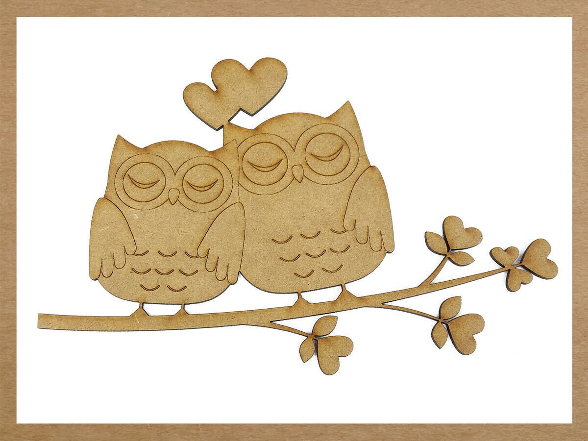 Wooden owl on branch, Love, Heart, Animal, Craft shape, Cutouts, Wood embellishment, Laser cut, MDF 