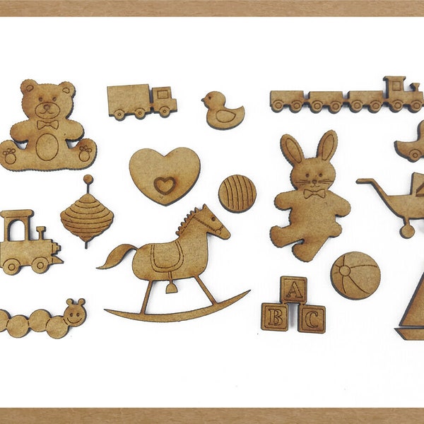 Wooden newborn, Baby, Toys, Teddy, Heart, Pram, Block ABC, Craft shape, Cutouts, Wood embellishment, Laser cut, MDF craft shape. Set of 16