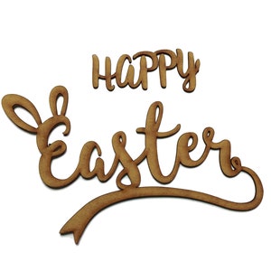 Wooden &quot;Happy Easter&quot; with Ears Word MDF Craft Shape Embellishment Decoration