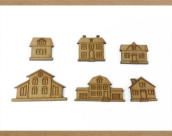 Wooden house, Building, Home, Museum, Craft shape, Cutouts, Wood embellishment, Laser cut, MDF craft shape. Set of 6