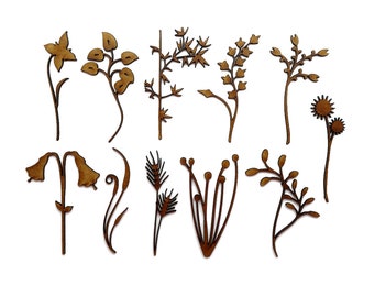 Wooden Floral, Flower, Branch, Craft shape, Cutouts, Wood embellishment, Laser cut, MDF craft shape. Set of 11