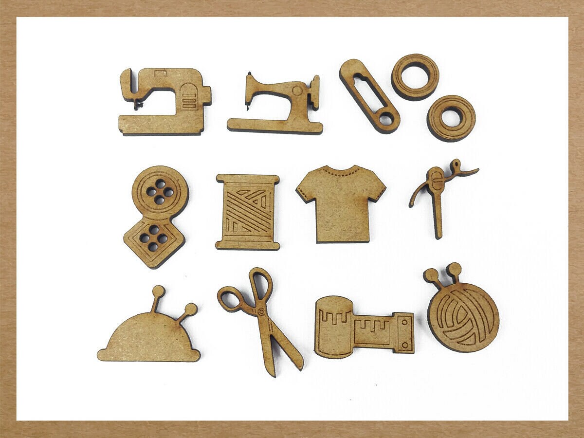 Wooden MDF Shapes Tailor Sewing Machine Needle Button Scissors