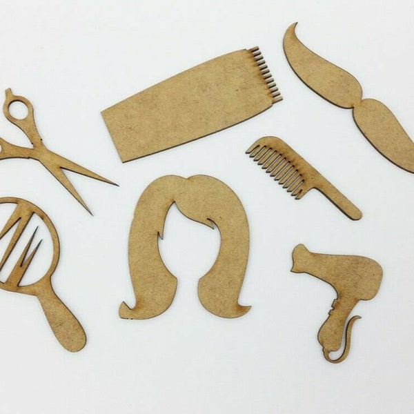 Wooden MDF hairdressing shape hair mirror scissors craft decoration. Set of 7