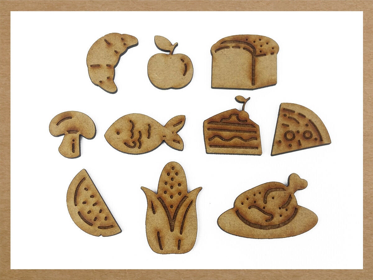 Wooden food, Bread, Croissant, Corn, Apple, Pizza, Mushroom, Craft shape, Cutouts, Wood embellishment, Laser cut, MDF craft shape. Set of 10
