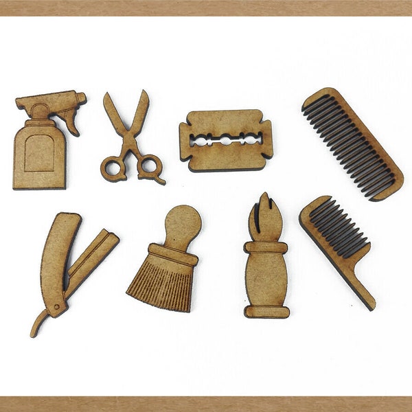 Wooden Barber, Scissors, Razor, Comb, Brush, Spray, Hair man, Craft shape, Cutouts, Wood embellishment, Laser cut, MDF craft shape. Set of 8