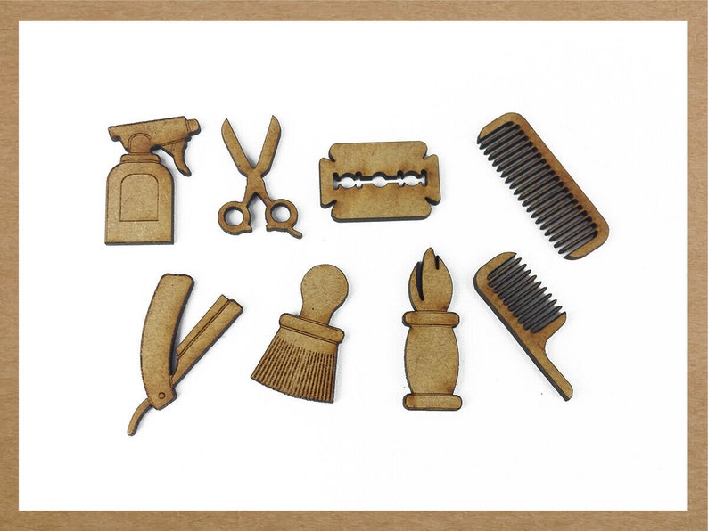 Wooden Barber, Scissors, Razor, Comb, Brush, Spray, Hair man, Craft shape, Cutouts, Wood embellishment, Laser cut, MDF craft shape. Set of 8 image 1
