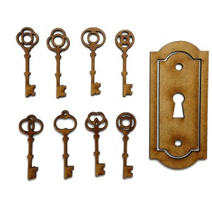 Wooden MDF Keys and Lock craft shape laser cut embellishment SET OF 9