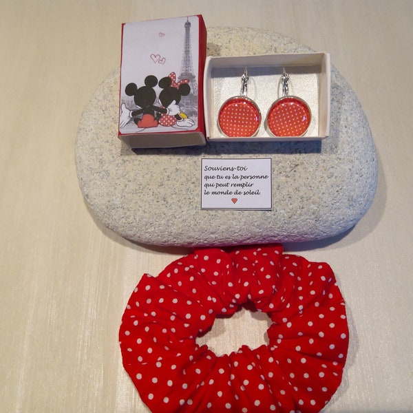 Boucles d’oreilles et Chouchou Rouge à pois blancs, Boîte cadeau Minnie et Mickey