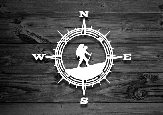 Hiker Decal, Car Decal, Mountain Decal, Compass Decal, Outdoor Decal, Camping Decal, Hiking Decal, Window Decals, Adventure Decal | 129
