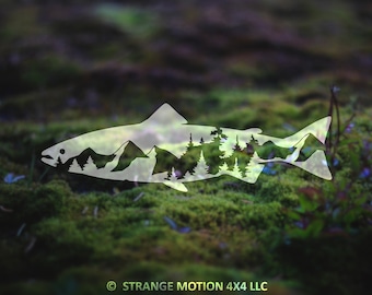 Salmon Mountain Vinyl Decal – Fish Silhouette Sticker for Cars, Trucks, Coolers, Water Bottles, Fishing, Outdoor, Adventure | 6