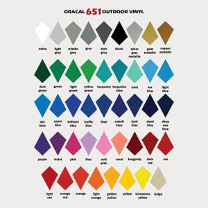 May include: A chart of 36 different colored diamond shapes, labeled with the color name. The chart is titled "ORACAL 651 OUTDOOR VINYL".