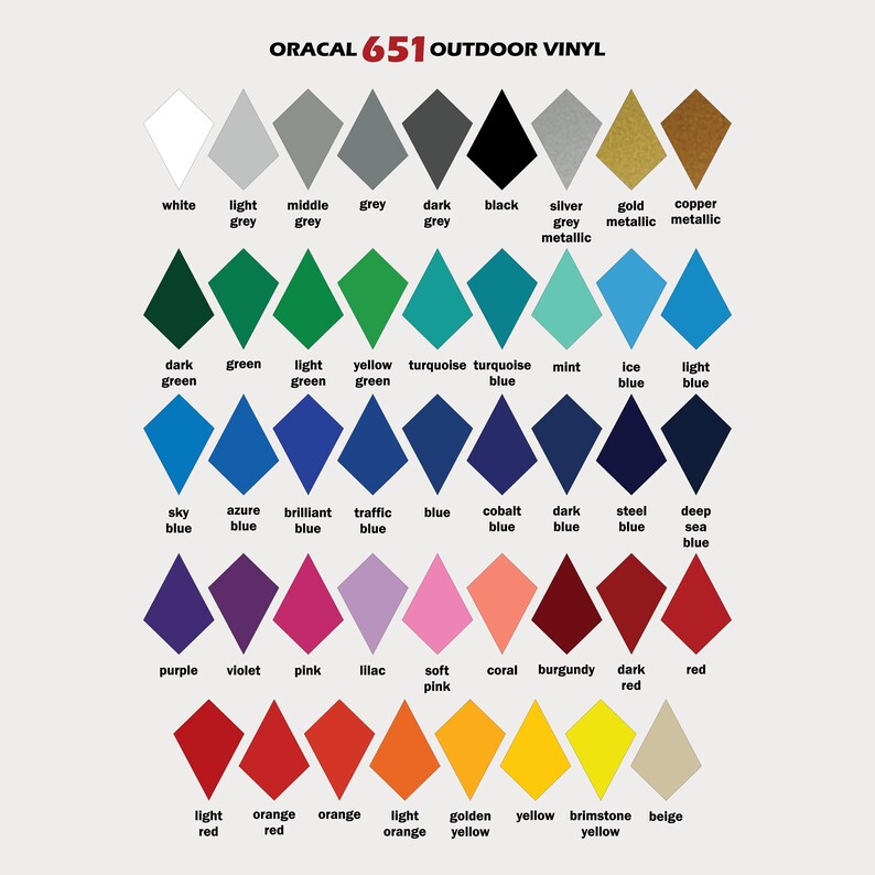 May include: A chart of 36 different colored diamond shapes, labeled with the color name. The chart is titled "ORACAL 651 OUTDOOR VINYL".