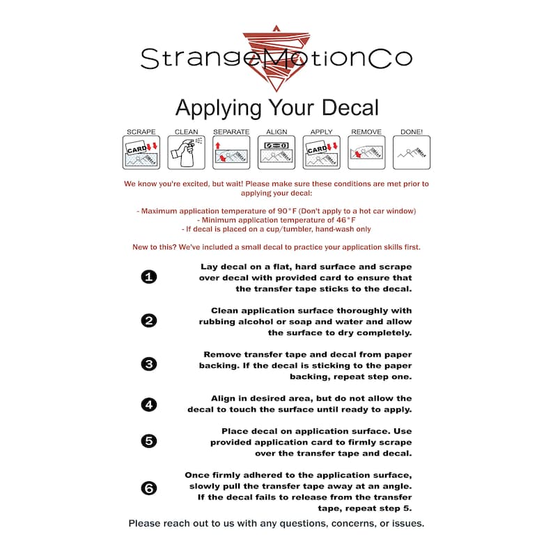 May include: A step-by-step guide on how to apply a decal. The guide includes six steps with illustrations of each step. The guide also includes information about the ideal temperature range for applying the decal.