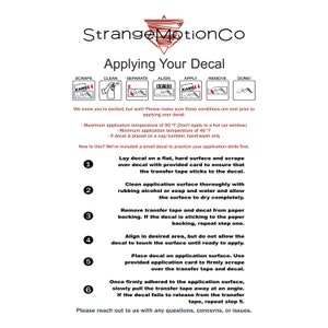 May include: A step-by-step guide on how to apply a decal. The guide includes six steps with illustrations of each step. The guide also includes information about the ideal temperature range for applying the decal.
