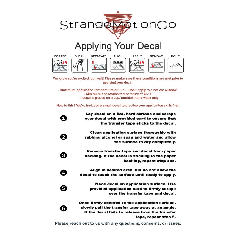 May include: A step-by-step guide on how to apply a decal. The guide includes six steps with illustrations of each step. The guide also includes information about the ideal temperature range for applying the decal.