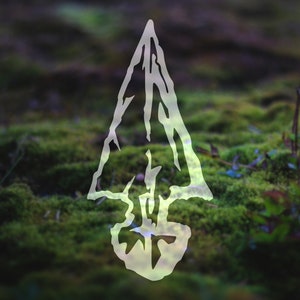 May include: A white outline of an arrowhead on a green mossy background.