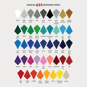 May include: A chart of 36 different colored diamond shapes, labeled with the color name. The chart is titled "ORACAL 651 OUTDOOR VINYL".