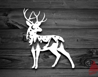 Deer Decal, Car Decal, Moon Decal, Mountain Sticker, Laptop Decal, Adventure Decal, Outdoor Decal, Hunting Decal, Mountain Deer Decal | 215