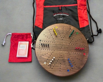 12" Round walnut 4/6 player Travel Cards N Marbles with cribbage pegs and carrying case
