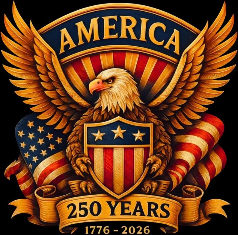 Peut inclure: Un embl&egrave;me patriotique repr&eacute;sentant un aigle dor&eacute; aux ailes d&eacute;ploy&eacute;es, un bouclier et le drapeau am&eacute;ricain. Le mot "AMERICA" est inscrit au-dessus de l'aigle. Une banni&egrave;re indique "250 YEARS 1776-2026". Le design utilise le rouge, le blanc, le bleu et l'or.