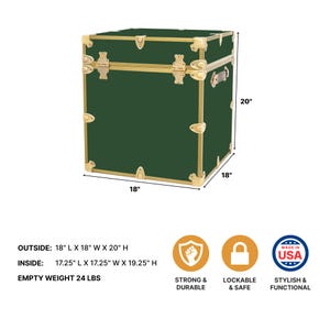 May include: A dark green storage trunk with gold-colored hardware. The trunk measures 18 inches long, 18 inches wide, and 20 inches high. It features a lockable design and is described as strong, durable, stylish, and functional.