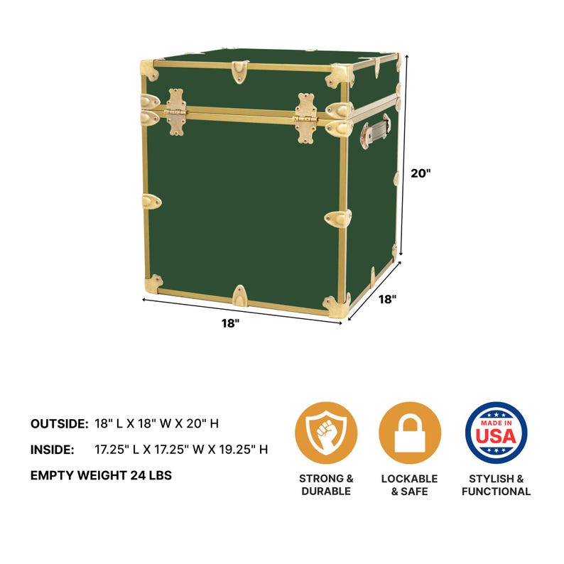 May include: A dark green storage trunk with gold-colored hardware. The trunk measures 18 inches long, 18 inches wide, and 20 inches high. It features a lockable design and is described as strong, durable, stylish, and functional.