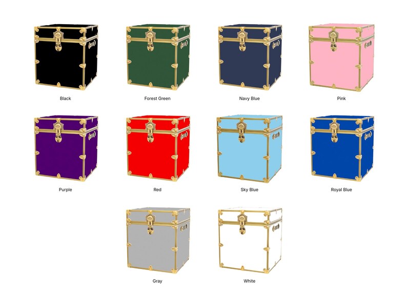 May include: A collection of square storage trunks in various colors, including black, forest green, navy blue, pink, purple, red, sky blue, royal blue, gray, and white. Each trunk has gold-colored hardware.