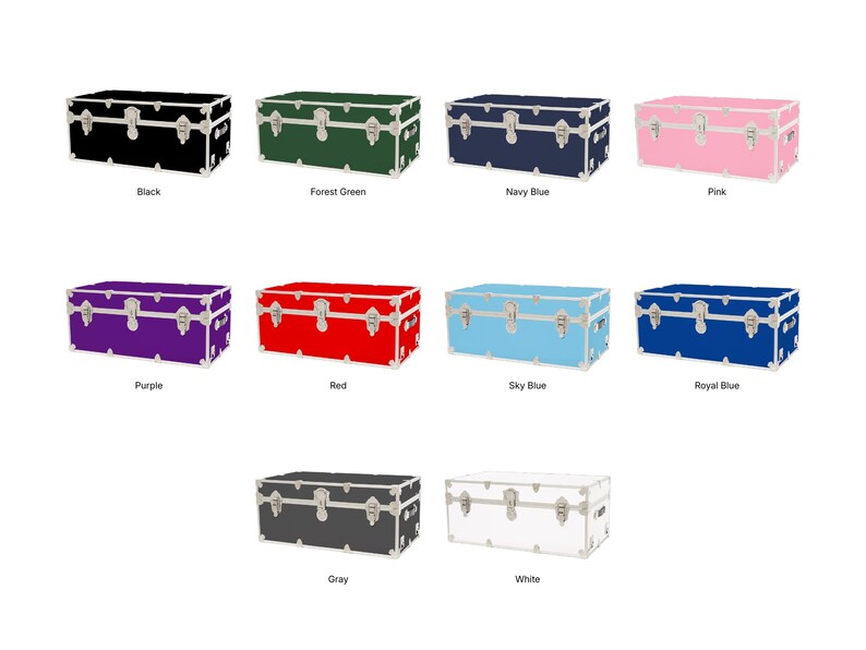 May include: A collection of rectangular storage trunks in various colors, including black, forest green, navy blue, pink, purple, red, sky blue, royal blue, gray, and white. Each trunk has silver-colored hardware and the color name is printed below.