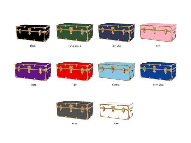 May include: A collection of rectangular storage trunks in various colors, including black, forest green, navy blue, pink, purple, red, sky blue, royal blue, gray, and white. Each trunk features gold-colored hardware.