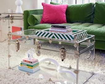 Modern Clear Acrylic Coffee Table – Storage Trunk with Nickel Hardware, Contemporary Decor