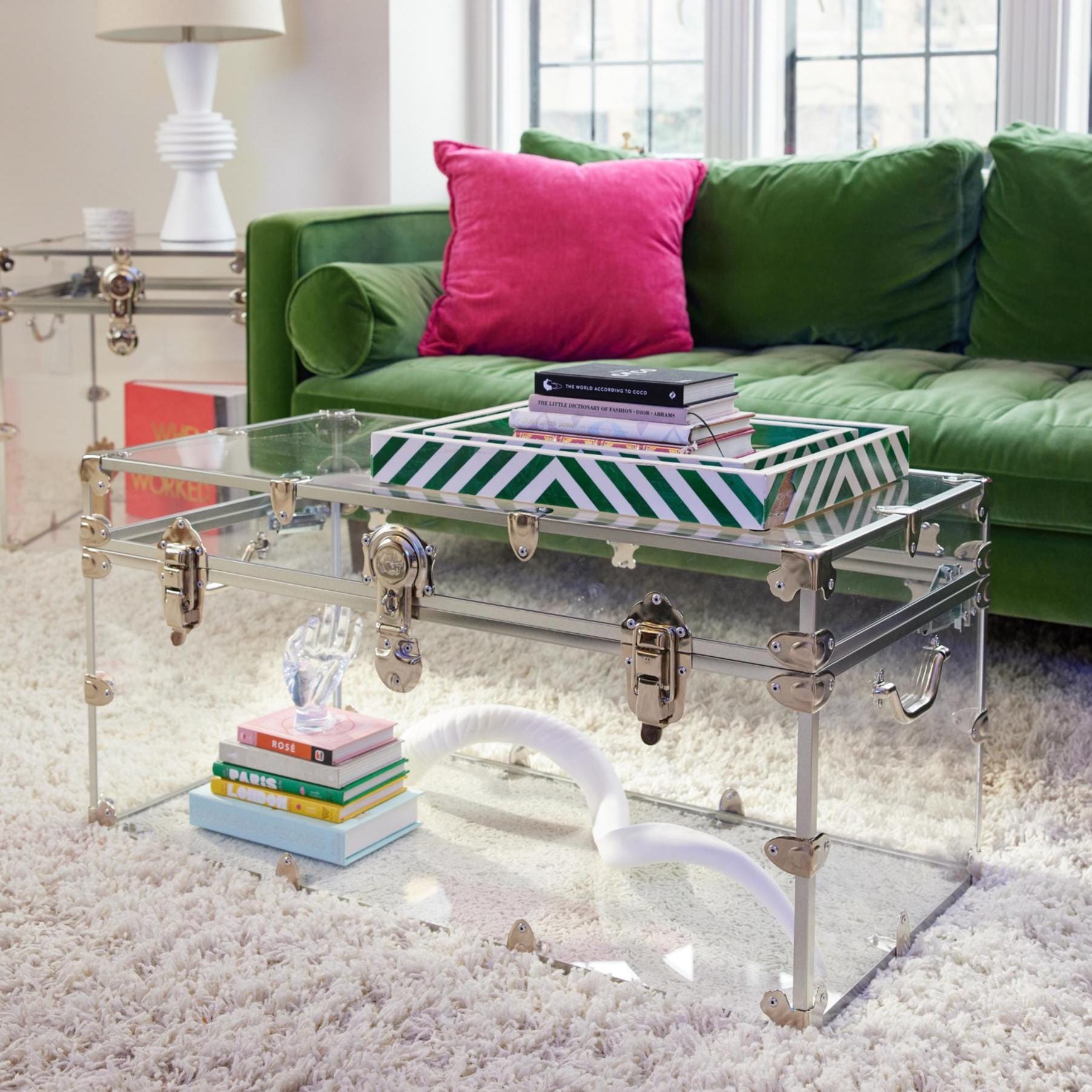 Modern Clear Acrylic Coffee Table – Storage Trunk With Nickel