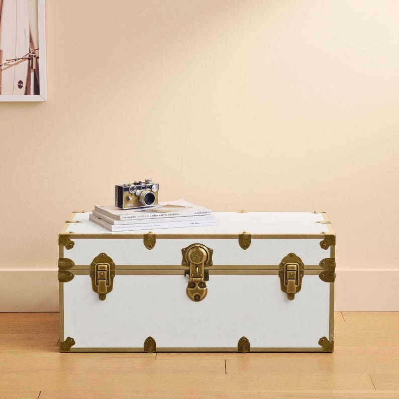 Puede incluir: Un ba&uacute;l de almacenamiento blanco con herrajes de lat&oacute;n. El ba&uacute;l tiene forma rectangular y est&aacute; adornado con protectores de esquina, cierres y una cerradura central de lat&oacute;n. Una c&aacute;mara vintage y libros descansan encima.